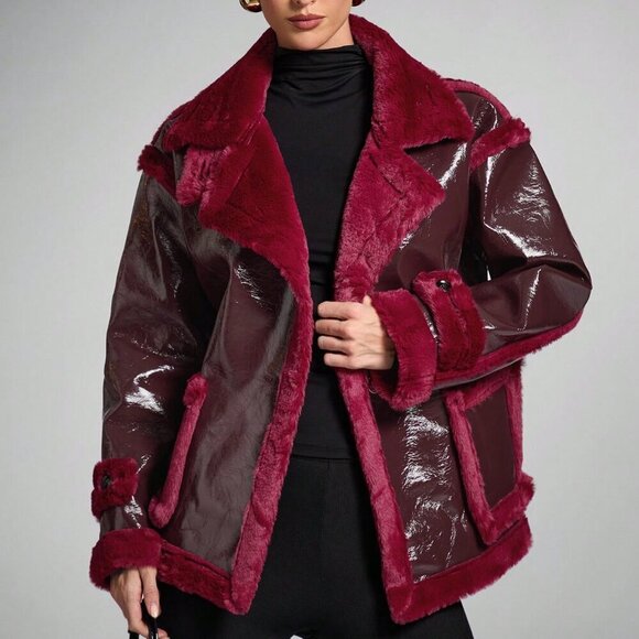 Burgundy Casual Women's Faux fur detailed Long Sleeve Faux Leather Jacket Coat - Picture 5 of 7